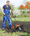 Man using Electric Garden Tiller Cultivator With 14 Inch Cutting Width And Foldable Handle 12 Amp Corded Rototiller