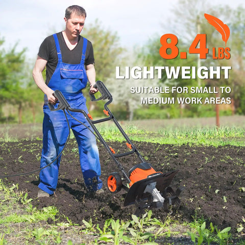 Man using Electric Garden Tiller Cultivator With 14 Inch Cutting Width And Foldable Handle 12 Amp Corded Rototiller