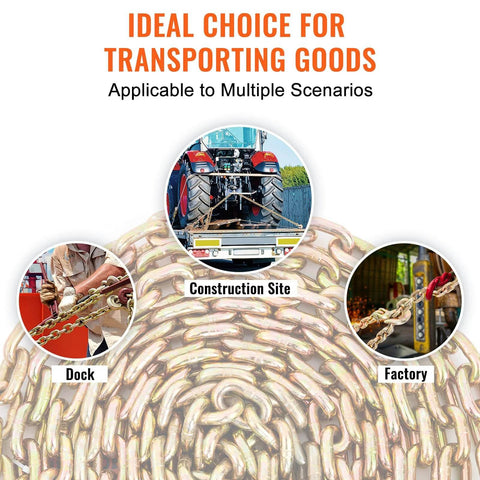 Multiple uses of the Three Eighth Inch 20 Ft G80 Transport Tow Chain With Grab Hooks 7100 Lbs Working Load Limit in various settings.