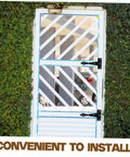 heavy duty cabinet door hinges on white outdoor gate.