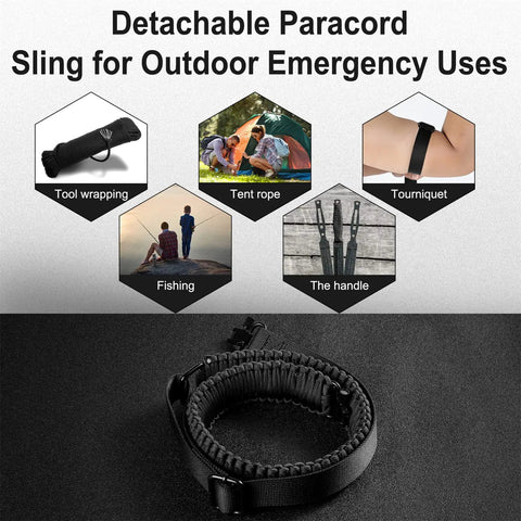 Two Point Paracord Rifle Sling With Swivels, multiple uses shown including tool wrapping, tent rope, and fishing support