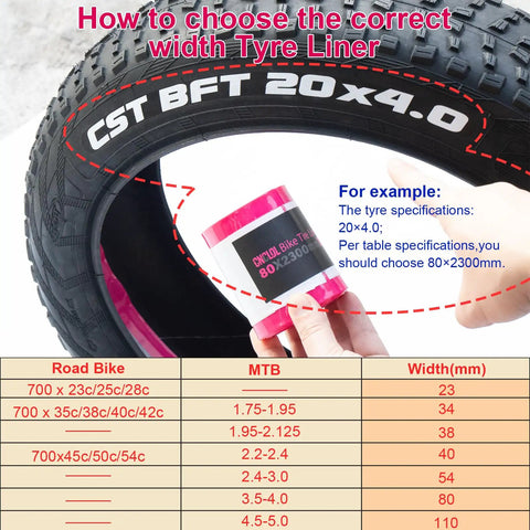 Self Adhesive Bike Tire Liner For Mountain And Road Bikes, Puncture Proof Inner Tube Shield, size chart and instructions