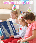 Kids wearing party hats opening box labeled 'WONDERFUL GIFT' at birthday party, smiling and excited.