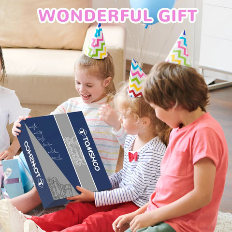 Kids wearing party hats opening box labeled 'WONDERFUL GIFT' at birthday party, smiling and excited.