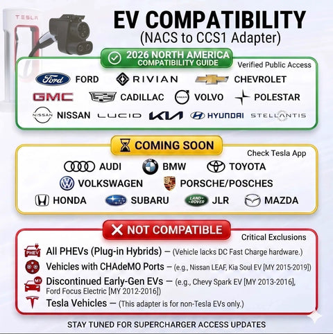 Image showing EV compatibility for Nacs To Ccs1 Adapter for Tesla Superchargers with car logos and guidelines.