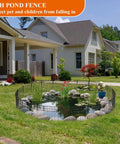 Fish pond with protective fence in residential garden setting, showing landscaping and adjacent houses
