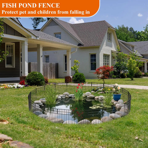 Fish pond with protective fence in residential garden setting, showing landscaping and adjacent houses