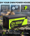 DIY power with 12V 200Ah LiFePO4 Deep Cycle Battery With 2560Wh Heavy Duty 200A BMS Low Temp Cutoff Grade A Cells for RV solar setups.