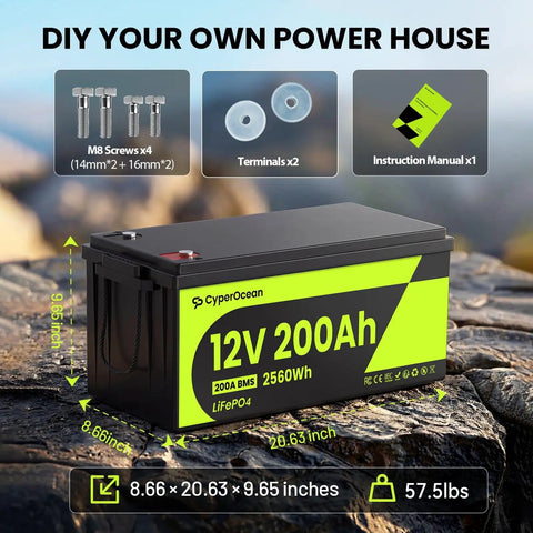 DIY power with 12V 200Ah LiFePO4 Deep Cycle Battery With 2560Wh Heavy Duty 200A BMS Low Temp Cutoff Grade A Cells for RV solar setups.