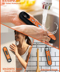 Orange Instant Read Digital Meat Thermometer for Grilling in use and stored, showing waterproof, magnetic, and hanging features.