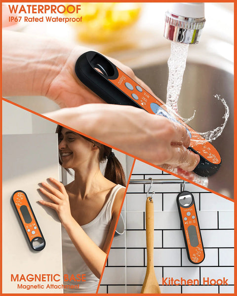Orange Instant Read Digital Meat Thermometer for Grilling in use and stored, showing waterproof, magnetic, and hanging features.