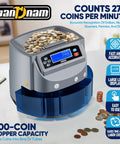 Super Fast Coin Counter Machine Electric Coin Sorter Counts 270 Coins Per Minute, LCD display, dark blue, 500-coin capacity
