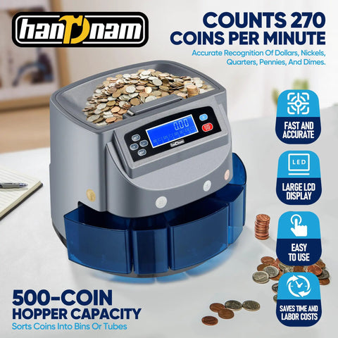 Ultra Fast Electric Coin Sorter And Counter With LCD Display, Sorts And Wraps Coins From One Cent To One Dollar, 500-coin capacity