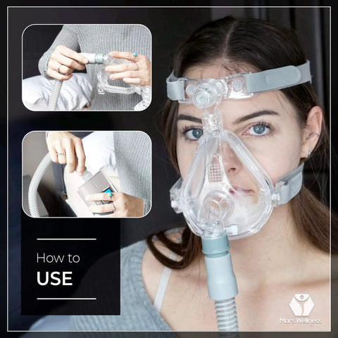 Woman wearing CPAP mask with Universal 19mm CPAP Tubing Hose, 6 Foot Long, 72 Inches, 22mm End Connectors; close-up view