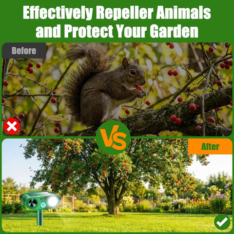 Solar Powered Ultrasonic Animal Repellent With Motion Sensor LED Lights Keeps Critters Out Of Your Yard Garden And Lawn Deer Squirrel Cat Raccoon Rabbit Dog Deterrent Device shown in garden with squirrel before and tree after