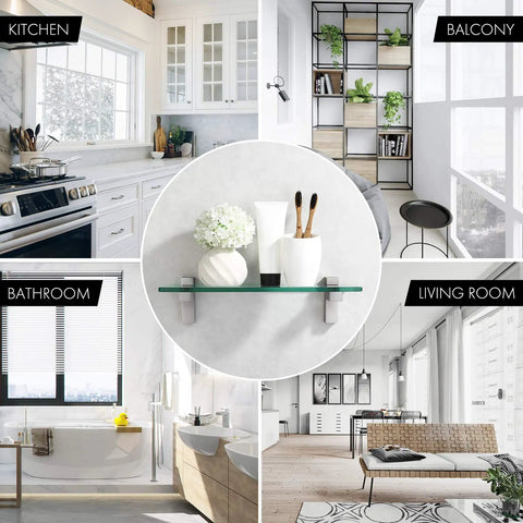 14 Inch Tempered Glass Bathroom Shelf With Wall Mount Brushed Nickel Brackets in bathroom, kitchen, balcony, living room
