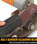 7 Speed Electric Knife Sharpening System With Belt Grinder showing belt sander cleaning block in use