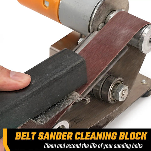 7 Speed Electric Knife Sharpening System With Belt Grinder showing belt sander cleaning block in use