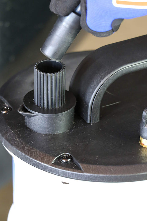 Close-up of Venturi Vacuum Pump Fluid Evacuator lid showing hose attachment, Pneumatic 2.3 Gal, Chemical Resistant Polyethylene.