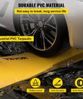Heavy Duty Flood Barrier Kit With 24ft Water Barrier Tubes next to car wheel, showing durable industrial PVC tarp in use for flood protection