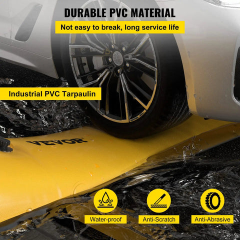 Heavy Duty Flood Barrier Kit With 24ft Water Barrier Tubes next to car wheel, showing durable industrial PVC tarp in use for flood protection