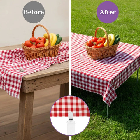 Before and after using 5 Pack Adjustable Elastic Tablecloth Clips With Covert Straps No Tools Needed Universal Fit Tablecloth Holders