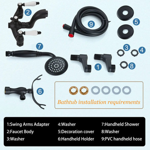 Components for Clawfoot Tub Faucet Matte Black With Handheld Shower, Wall Mount Tub Filler, Two Handle Waterfall Style Spout
