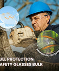Man using chainsaw wearing 12 Pack Clear Safety Glasses With ANSI Z87.1 Certification, Scratch Resistant Lenses