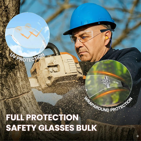 Man using chainsaw wearing 12 Pack Clear Safety Glasses With ANSI Z87.1 Certification, Scratch Resistant Lenses