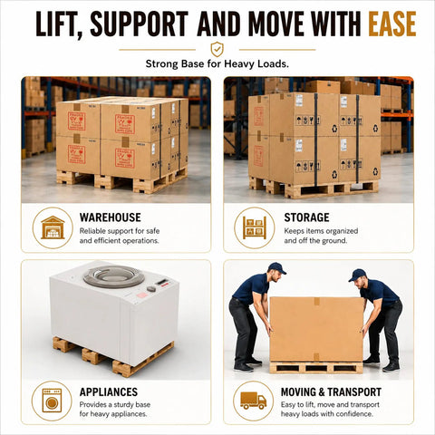 Heavy-Duty Solid Wood Pallet For Warehouse Storage And Shipping Platform showcasing boxes and warehouse usage applications