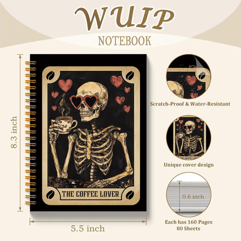 Gothic Skull Tarot Card Journal Spiral Notebook with skeleton cover, 8.3x5.5 inch, for work and witchy vibes, coffee lover gift.