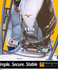 Man installing 4 Inch Hydraulic Outboard Steering Lock For Trailering And Boating, Steer Support For Boat Motors, on boat engine.