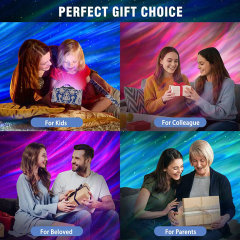 Northern Lights Aurora Projector 4 In 1 Night Light shown as a perfect gift choice for kids, colleagues, beloved, and parents.