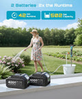 Woman using Cordless Stick Water Transfer Pump With Tripod Stand Hands Free, Portable Electric Sump Pump 720 GPH in garden.