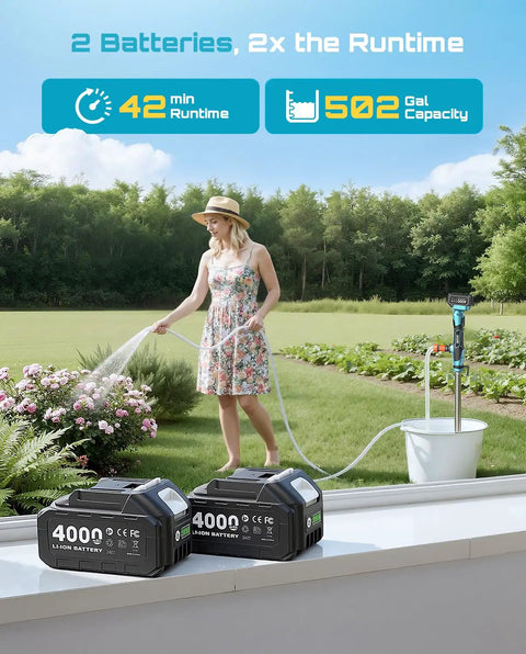 Woman using Cordless Stick Water Transfer Pump With Tripod Stand Hands Free, Portable Electric Sump Pump 720 GPH in garden.