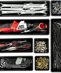 Six Piece Tool Box Organizer Tray Set Pro Grade with non-slip dividers filled with tools and hardware, top view