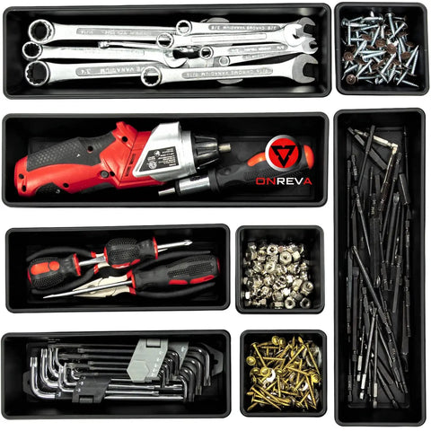 Six Piece Tool Box Organizer Tray Set Pro Grade with non-slip dividers filled with tools and hardware, top view