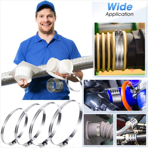 20 Pcs 304 Stainless Steel Adjustable 44-108mm Range Worm Gear Hose Clamps, shown in use for various applications and sizes