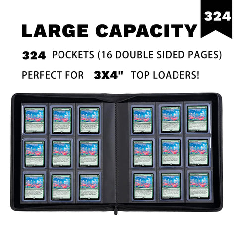 9 Pocket Top Loader Card Binder For Trading Cards, Holds 324 3x4 Top Loaders, Double-Sided Pages, Side-Loading Pockets, open view