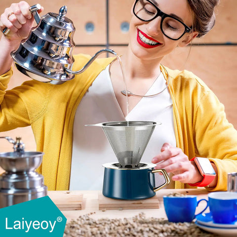 Woman using Pour Over Coffee Dripper With Double Mesh Stainless Steel Cone Filter For Single Cup Brew No Paper Filters Needed Slow Drip