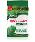 Front view of Scotts Turf Builder Lawn Food bag, promotes strong grass roots and nutrient uptake for all grass types.