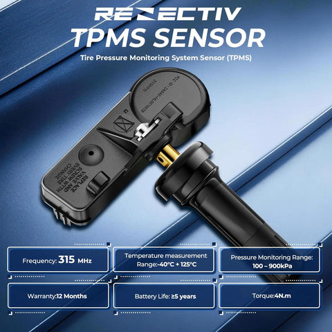 Preprogrammed 315MHz TPMS Tire Pressure Monitor Sensor Fits GM Cars showing detailed view of sensor components and specifications.