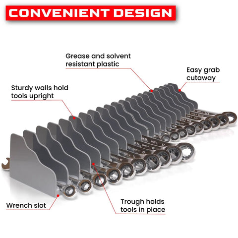 Low Profile Pliers And Wrench Organizer Rack 2 Pack For Tool Drawers Space Saving Holder For Pliers Wrenches Ratchets Vice Grips Scissors Fits Under Three Inches Tall And Holds 20 Tools Total with labeled design features