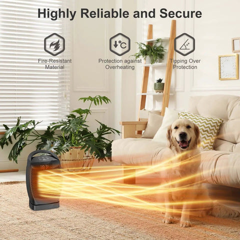Indoor Portable Space Heater 1500W With PTC Ceramic Heating Thermostat and Remote, dog and glowing heat in living room