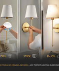 Modern Wireless Wall Sconces Set Of Two, gold wall light installation process, easy stick-on method, rechargeable features.