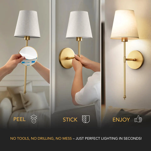 Modern Wireless Wall Sconces Set Of Two, gold wall light installation process, easy stick-on method, rechargeable features.