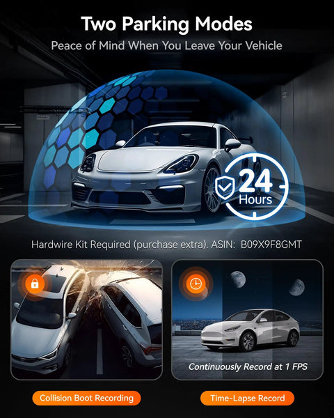 Two parking modes feature of Three Channel Dash Cam With Built In WiFi And GPS, Front 1440P Plus Interior And Rear 1080P, 3 Inch LCD Screen