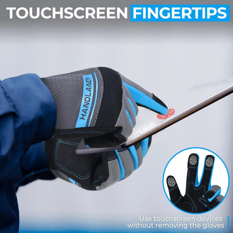 Heavy Duty Work Gloves For Men And Women, Utility Safety Mechanic Gloves with Touchscreen Fingertips demonstrating use on device