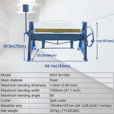 1.5x1300 Manual Press Brake dimensions and specifications display