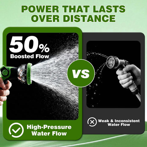 Comparison of Retractable Garden Hose Reel 100 ft Half Inch Wall Mounted Auto Rewind nozzle with high pressure and regular flow nozzle.